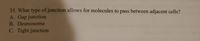 35. What type of junction allows for molecules to pass between adjacent cells?
A. Gap junction
B. Desmosome
C. Tight junction
