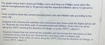 The graph shows Iran's short-run Phillips curve and long-run Phillips curve when the
natural unemployment rate is 10 percent and the expected inflation rate is 12 percent a
year.
Draw a point to show the current unemployment rate and inflation rate according to the
news clip.
Suppose Iran removes the subsidies and consumers don't know what the higher prices will
be. Illustrate the most likely path of unemployment and inflation. Draw either an arrow
along the SRPC showing the direction of change, or a new SRPC. Label it 1.
Suppose instead that Iran removes the subsidies and announces the new prices so that
consumers know what they are. Illustrate the most likely path of inflation and
unemployment. Draw either an arrow along the SRPC showing the direction of change, or
a new SRPC Label it 2.
ILS