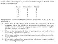 Consider the following set of processes, with the length of the CPU burst
given in milliseconds:
Process
Burst Time
Priority
P1
P2
P3
P4
Ps
2
2
1
1
8
4
4
2
5
3
The processes are assumed to have arrived in the order P1, P2, P3, P4, P5,
all at time 0.
a. Draw four Gantt charts that illustrate the execution of these
processes using the following scheduling algorithms: FCFS, SJF,
nonpreemptive priority (a larger priority number implies a higher
priority), and RR (quantum = 2).
b. What is the turnaround time of each process for each of the
scheduling algorithms in part a?
What is the waiting time of each process for each of these schedul-
ing algorithms?
с.
d. Which of the algorithms results in the minimum average waiting
time (over all processes)?
