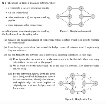 Q 3 The graph in figure 1 is a sales network, where
• s represents a factory producing pop-its,
⚫t is the local school,
-
• other vertices (a – f) are agents onselling
pop-its.
edges represent sales connections
S
t
A radical group wants to stop pop-its reaching
the local school by disrupting sales.
f
Figure 1: Graph to disconnect
(a) What is the minimum number of connections whose deletion would stop pop-its reaching
the local school?
(b) A marketing expert claims that network is 3-edge connected between s and t, explain why
they are mistaken.
(c) We can translate the network into a network by attaching directions to each edge.
(i) If we ignore that we want s to be the source and t to be the sink, then how many
orientations can we put on the graph?
(ii) We do wants to be the source and t to be the sink of a network. How many networks
can we setup?
(iii) For the network in figure 2 (with the given
intial flow), use Ford-Fulkerson to show it
is a maximum flow, identify the min-cut,
and explain why this result implies the
original graph is at least 2-edge connected
from s to t.
1,1
a
d
1,1
1,0
1,0 1,1
1,1
1,1
S
b
t
1,1 1,0
1,0
с
f
1,1
Figure 2: Graph with flow