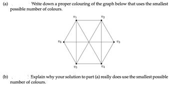 (a)
(b)
Write down a proper colouring of the graph below that uses the smallest
possible number of colours.
V6
:
V1
V5
V2
V4
V3
Explain why your solution to part (a) really does use the smallest possible
number of colours.