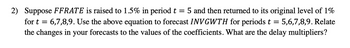 2) Suppose FFRATE is raised to 1.5% in period t = 5 and then returned to its original level of 1%
for t = 6,7,8,9. Use the above equation to forecast INVGWTH for periods t = 5,6,7,8,9. Relate
the changes in your forecasts to the values of the coefficients. What are the delay multipliers?