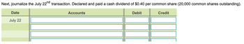 Next, journalize the July 22nd transaction. Declared and paid a cash dividend of $0.40 per common share (20,000 common shares outstanding).
Date
July 22
Accounts
Debit
Credit