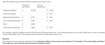 Jake's Roof Repair has provided the following data concerning its costs:
Fixed Cost
per Month
Cost per
Repair-Hour
$
Wages and salaries
Parts and supplies
Equipment depreciation $
Truck operating expenses $
$
Administrative expenses $
Rent
21,200
2,770
5,760
4,680
3,840
$ 15.00
$ 7.80
$ 0.55
$ 1.50
$ 0.70
For example, wages and salaries should be $21,200 plus $15.00 per repair-hour. The company expected to work 2,500 repair-hours in May, but actually
worked 2,400 repair-hours. The company expects its sales to be $50.00 per repair-hour.
Required:
Compute the company's activity variances for May. (Indicate the effect of each variance by selecting "F" for favorable, "U" for unfavorable, and "None"
for no effect (i.e., zero variance). Input all amounts as positive values.)