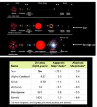 Birth
Stellar Stage
Death
Main-
sequence
star
Protostar
Black
dwarf
Nebula
White
dwarf
Low mass stars
Sun
Main
sequence
star
Nebula
Protostar
Red giant
Plaņetary
nebula
White
dwarf
Black
dwarf
Medium mass stars
Neutron star
Betelgeuse
or
Main
Protostar sequence
star
Red supergiant
Baltimore County Public Schools xplosiónce Prek-12
Nebula
Supernova
Black hole
Massive stars
Revised 7/28/2018
Distance
Absolute
Apparent
(light-years) Magnitude*
Name
Magnitude*
Sun
NA
-26.7
5.0
Alpha Centauri
4.27
0.0
4.4
Sirius
8.70
-1.4
1.5
Arcturus
36
-0.1
-0.3
Betelgeuse
520
0.8
-5.5
Deneb
1600
1.3
-6.9
*The more negative, the brighter; the more positive, the dimmer.
Baltimore County Public Schools Office of Science Prek-12
