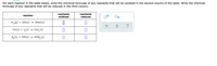 For each reaction in the table below, write the chemical formulae of any reactants that will be oxidized in the second column of the table. Write the chemical
formulae of any reactants that will be reduced in the third column.
reactants
reactants
reaction
oxidized
reduced
0, (g) + 2Fe(s) – 2FeO (s)
Cu (s) + I, (s)
Cul, (s)
s, (s) + 4Ti(s) → 4 TiS, (s)
