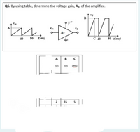 Q6. By using table, determine the voltage gain, Av, of the amplifier.
M.
Vin
Ay
(ms)
C 40 80 t(ms)
40
A
B
(V)
(V)
(ms)
2
15
5
