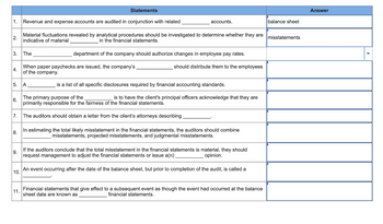 Statements
1. Revenue and expense accounts are audited in conjunction with related
2.
3. The
4.
5.
6.
7.
Material fluctuations revealed by analytical procedures should be investigated to determine whether they are
indicative of material
in the financial statements.
When paper paychecks are issued, the company's
of the company.
A
11
accounts.
department of the company should authorize changes in employee pay rates.
should distribute them to the employees
is a list of all specific disclosures required by financial accounting standards.
The primary purpose of the
primarily responsible for the fairness of the financial statements.
The auditors should obtain a letter from the client's attorneys describing
is to have the client's principal officers acknowledge that they are
8.
In estimating the total likely misstatement in the financial statements, the auditors should combine
misstatements, projected misstatements, and judgmental misstatements.
9.
If the auditors conclude that the total misstatement in the financial statements is material, they should
request management to adjust the financial statements or issue a(n)
opinion.
10.
An event occurring after the date of the balance sheet, but prior to completion of the audit, is called a
Financial statements that give effect to a subsequent event as though the event had occurred at the balance
sheet date are known as
financial statements.
balance sheet
misstatements
Answer