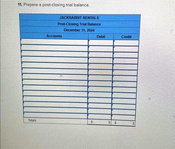 11. Prepare a post-closing trial balance.
Totals
JACKRABBIT RENTALS
Post-Closing Trial Balance
December 31, 2024
Accounts
$
Debit
0 $
Credit
0