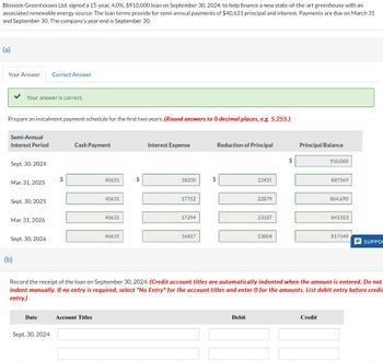 Blossom Greenhouses Ltd. signed a 15-year, 4.0%, $910,000 loan on September 30, 2024, to help finance a new state-of-the-art greenhouse with an
associated renewable energy source. The loan terms provide for semi-annual payments of $40,631 principal and interest. Payments are due on March 31
and September 30. The company's year end is September 30.
(a)
Your Answer
Correct Answer
Your answer is correct.
Prepare an instalment payment schedule for the first two years. (Round answers to 0 decimal places, e.g. 5,255.)
Semi-Annual
Interest Period
Cash Payment
Interest Expense
Reduction of Principal
Principal Balance
910,000
Sept. 30, 2024
40631
18200
22431
887569
Mar. 31, 2025
Sept. 30, 2025
40631
17752
22879
864,690
40631
17294
23337
841353
Mar. 31, 2026
Sept. 30, 2026
40631
16827
23804
817549
SUPPO
(b)
Record the receipt of the loan on September 30, 2024. (Credit account titles are automatically indented when the amount is entered. Do not
indent manually. If no entry is required, select "No Entry" for the account titles and enter 0 for the amounts. List debit entry before credit
entry.)
Date
Account Titles
Sept. 30, 2024
Debit
Credit