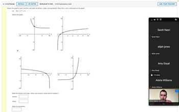 3. [-/2.5 Points]
DETAILS
MY NOTES
SCOLALG7 4.T.001. 0/100 Submissions Used
Sketch the graph of each function, and state its domain, range, and asymptote. Show the x- and y-intercepts on the graph.
f(x) 2-x+4
(a)
Sketch the graph.
ASK YOUR TEACHER
y
10
y
10г
5
X
-10
-5
5
10
2
4
6
8
10
10
y
5
-5
10'
-10
-10
-8
-6
-4
2
-10
-5
State the domain and range. (Enter your answers using interval notation.)
domain
range
State the asymptote.
10
y
5
-5
-10
5
10
X
Sarah Nasri
Sarah Nasri
elijah jones
elijah jones
Amy Goyal
Amy Goyal
I'm away
Alisha Williams
Alisha Williams
Chris Sabino (he/him)