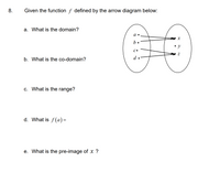 8. Given the function \( f \) defined by the arrow diagram below:

Diagram Explanation: 
There are two sets represented by two ovals. The first set (domain) contains the elements: \( a, b, c, \) and \( d \). The second set (co-domain) contains the elements: \( x, y, \) and \( z \). Arrows indicate mappings of elements from the domain to the co-domain:
- \( a \) maps to \( x \)
- \( b \) maps to \( x \)
- \( c \) maps to \( z \)
- \( d \) maps to \( z \)

a. What is the domain?

b. What is the co-domain?

c. What is the range?

d. What is \( f(a) \)?

e. What is the pre-image of \( x \)?