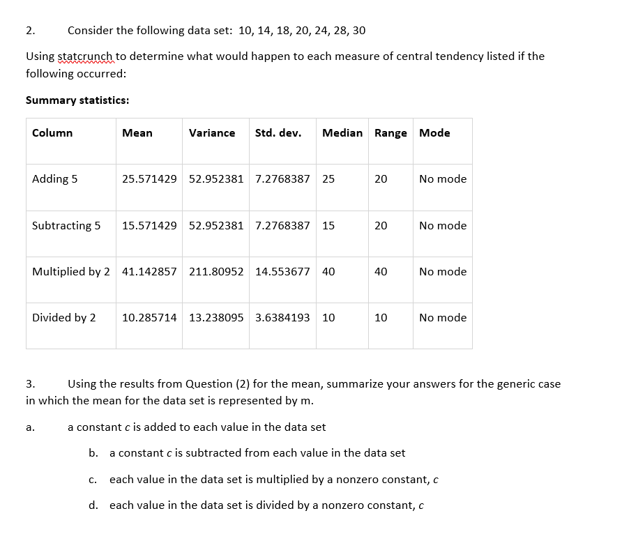 Consider the following data set: 10, 14, 18, 20, 24, 28, 30
2.
Using statcrunch to determine what would happen to each measure of central tendency listed if the
following occurred:
Summary statistics
Std. dev
Column
Median Range Mode
Мean
Variance
Adding 5
No mode
25.571429 52.952381 7.2768387 25
15.571429 52.952381 7.276838715
Subtracting 5
No mode
20
Multiplied by 2 41.142857 211.80952 14.55367740
No mode
40
Divided by 2
No mode
10.285714 13.238095 3.6384193
10
10
Using the results from Question (2) for the mean, summarize your answers for the generic case
3.
in which the mean for the data set is represented by m.
a constant c is added to each value in the data set
а.
b.
a constant c is subtracted from each value in the data set
each value in the data set is multiplied by
a nonzero constant, c
C.
each value in the data set is divided by a nonzero constant, c
d.
20
