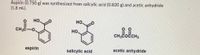 Aspirin (0.750 g) was synthesized from salicylic acid (0.820 g) and acetic anhydride
(1.8 mL).
но.
HO,
CH3C-O.
оо
HO,
CH3COCCH3
aspirin
salicylic acid
acetic anhydride
