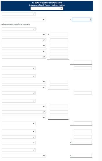 A1 BEAUTY SUPPLY CORPORATION
Statement of Cash Flows - Indirect Method
Adjustments to reconcile net income to
$
>
$
$