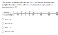 The formula C=5/9(F-32) expresses the relationship between Fahren
