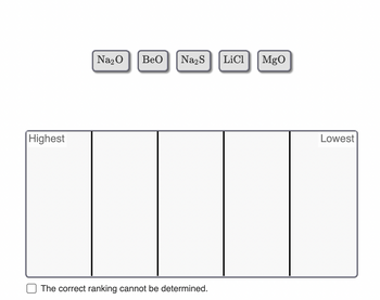 Highest
Na₂O BeO Na₂S LiCl
The correct ranking cannot be determined.
MgO
Lowest