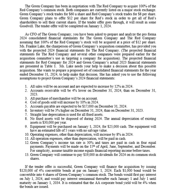 The Green Company has been in negotiation with The Red Company to acquire 100% of the
Red Company's common stock. Both companies are currently listed on a major stock exchange.
Green Company's stock trades for $60 a share and Red Company's stock trades for $8 per share.
Green Company plans to offer $12 per share for Red's stock in order to get all of Red's
shareholders to sell their current shares. If the tender offer goes through, it will result in some
Goodwill. The tender offer will be completed on January 1, 2024.
As CFO of The Green Company, you have been asked to prepare and analyze the pro forma
2024 consolidated financial statements for The Green Company and The Red Company
assuming that 100% of the Red Company's stock will be acquired at a price of $12 per share.
Ms. Frankie Lake, the chairperson of Green Company's acquisition committee, has provided you
with the projected 2024 financial statements for The Red Company. (The projected financial
statements for The Red Company and several other companies were prepared earlier for the
acquisition committee's use in targeting a company for acquisition). The projected financial
statements for Red Company for 2024 and Green Company's actual 2023 financial statements
are presented in Table 1. Ms. Lake needs your help to make a decision about this possible
acquisition. She wants to prepare a proposed set of consolidated financial statements for the year
ended December 31, 2024, to help make that decision. She has asked you to use the following
assumptions to project Green Company's 2024 financial statements:
1. All sales will be on account and are expected to increase by 12% in 2024.
2. Accounts receivable will be 4% lower on December 31, 2024, than on December 31,
2023.
3. All purchase of merchandise will be on account.
4. Cost of goods sold will increase by 10% in 2024.
5. Accounts payable are expected to be $17,000 on December 31, 2024.
6. Inventory will be 3% higher on December 31, 2024, than on December 31, 2023.
7. Straight line depreciation is used for all fixed assets.
8. No fixed assets will be disposed of during 2024. The annual depreciation of existing
assets is $30,000 per year.
9. Equipment will be purchased on January 1, 2024, for $25,000 cash. The equipment will
have an estimated life of 5 years with no salvage value.
10. Operating expenses, other than depreciation, will increase by 8% in 2024.
11. All operation expenses, other than depreciation, will be paid in cash.
12. Green Company's income tax rate is 30% and taxes are paid in cash in four equal
payments. Payments will be made on the 15th of April, June, September, and December.
For simplicity, assume taxable income equals financial reporting income before taxes.
13. Green Company will continue to pay $19,000 in dividends for 2024 on its common stock
shares.
If the tender offer is successful, Green Company will finance the acquisition by issuing
$120,000 of 4% convertible bonds at par on January 1, 2024. Each $1,000 bond would be
convertible into 4 shares of Green Company's common stock. The bonds would first pay interest
on July 1, 2024, and would pay interest semiannual thereafter each January 1 and July 1 until
maturity on January 1, 2034. It is estimated that the AA corporate bond yield will be 4% when
the bonds are issued.