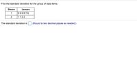 Find the standard deviation for the group of data items.
Stems
Leaves
899878
1122
1
2
The standard deviation is
(Round to two decimal places as needed.)
