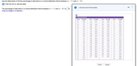 Use the table below to find the percentage of data items in a normal distribution that lie between z= - 1.1 and z= - 0.1.
Click the icon to view the table.
z-Scores And Percentiles
The percentage of data items in a normal distribution that lie betweenz= - 1.1 and z = - 0.1 is %.
(Type an integer or a decimal.)
z-SCORES AND PERCENTILES
z-Score
Percentile
z-Score
Percentile
z-Score
Percentile
-Score
Percentile
-4.0
0.003
-1.0
15.87
0.0
50.00
1.1
86.43
-3.5
0.02
-0.95
17.11
0.05
51.99
1.2
88.49
-3.0
0.13
-0.90
18.41
0.10
53.98
1.3
90.32
-2.9
0.19
-0.85
19.77
0.15
55.96
1.4
91.92
-2.8
0.26
-0.80
21.19
0.20
57.93
1.5
93.32
-2.7
0.35
-0.75
22.66
0.25
59.87
1.6
94.52
-2.6
0.47
-0.70
24.20
0.30
61.79
1.7
95.54
-2.5
0.62
-0.65
25.78
0.35
63.68
1.8
96.41
-2.4
0.82
-0.60
27.43
0.40
65.54
1.9
97.13
-2.3
1.07
-0.55
29.12
0.45
67.36
2.0
97.72
-2.2
1.39
-0.50
30.85
0.50
69.15
2.1
98.21
-2.1
1.79
-0.45
32.64
0.55
70.88
2.2
98.61
-2.0
2.28
-0.40
34.46
0.60
72.57
2.3
98.93
-1.9
2.87
-0.35
36.32
0.65
74.22
2.4
99.18
-1.8
3.59
-0.30
38.21
0.70
75.80
2.5
99.38
-1.7
4.46
-0.25
40.13
0.75
77.34
2.6
99.53
-1.6
5.48
-0.20
42.07
0.80
78.81
2.7
99.65
-1.5
6.68
-0.15
44.04
0.85
80.23
2.8
99.74
-1.4
8.08
-0.10
46.02
0.90
81.59
2.9
99.81
-1.3
9.68
--0.05
48.01
0.95
82.89
3.0
99.87
-1.2
11.51
0.0
50.00
1.0
84.13
3.5
99.98
-1.1
13.57
4.0
99.997
Print
Done
