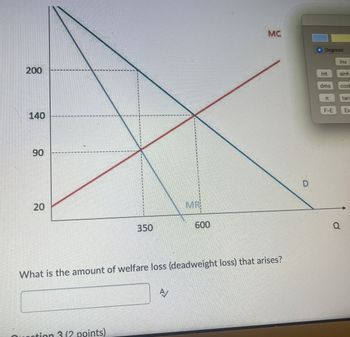 200
140
90
20
20
MR
350
600
MC
What is the amount of welfare loss (deadweight loss) that arises?
A
ation 3 (2 points)
D
Degrees
Inv
Int
sinh
dms
cosh
TT
tan
F-E
Ex
a