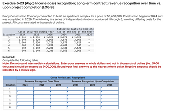 Exercise 6-23 (Algo) Income (loss) recognition; Long-term contract; revenue recognition over time vs.
upon project completion [LO6-9]
Brady Construction Company contracted to build an apartment complex for a price of $6,400,000. Construction began in 2024 and
was completed in 2026. The following is a series of independent situations, numbered 1 through 6, involving differing costs for the
project. All costs are stated in thousands of dollars.
Costs Incurred during Year
Estimated Costs to Complete
(As of the End of the Year)
2024
2026
$ 3,870
Situation
1
2024
$ 1,640
2025
$ 2,550
2026
$ 1,320
2025
$ 1,320
23456
1,640
1,320
2,960
3,870
2,960
1,640
2,550
2,720
3,870
2,620
640
3,140
1,280
4,480
945
640
3,140
2,280
4,480
2,620
640
3,140
3,200
5,955
2,960
Complete the following table.
Note: Do not round intermediate calculations. Enter your answers in whole dollars and not in thousands of dollars (i.e., $400
thousand should be entered as $400,000). Round your final answers to the nearest whole dollar. Negative amounts should be
indicated by a minus sign.
Required:
Gross Profit (Loss) Recognized
Situation
2024
Revenue Recognized Over Time
2025
2026
2024
Revenue Recognized Upon Completion
2025
2026
1
23
4
5
6