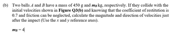 (b) Two balls A and B have a mass of 450 g and mB kg, respectively. If they collide with the
initial velocities shown in Figure Q3(b) and knowing that the coefficient of restitution is
0.7 and friction can be neglected, calculate the magnitude and direction of velocities just
after the impact (Use the x and y reference axes).
MB = 4