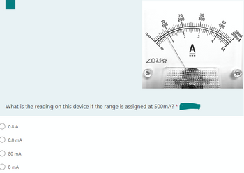 0.8 A
0.8 mA
What is the reading on this device if the range is assigned at 500mA? *
80 mA
10
100
8 mA
202.5
20
200
A
30
300
40
400
500mA
50mA