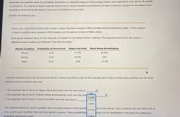 Remember, the expected value of a probability distribution is a statistical measure of the average (mean) value expected to occur during all possible
circumstances. To compute an asset's expected return under a range of possible circumstances (or states of nature), multiply the anticipated return
expected to result during each state of nature by its probability of occurrence.
Consider the following case:
Aaron owns a two-stock portfolio that invests in Happy Dog Soap Company (HDS) and Black Sheep Broadcasting (BSB). Three-quarters
of Aaron's portfolio value consists of HDS's shares, and the balance consists of BSB's shares.
Each stock's expected return for the next year will depend on forecasted market conditions. The expected returns from the stocks in
different market conditions are detailed in the following table:
Market Condition Probability of Occurrence
0.20
0.35
0.45
Strong
Normal
Weak
Happy Dog Soap
17.5%
10.5%
-14%
• The expected rate of return on Happy Dog Soap's stock over the next year is
●
• The expected rate of return on Black Sheep Broadcasting's stock over the next
• The expected rate of return on Aaron's portfolio over the next year is
Black Sheep Broadcasting
The expected returns for Aaron's portfolio were calculated based on three possib
time, and for each condition there will be a specific outcome. These probabilities
probability distribution graph.
Calculate expected returns for the individual stocks in Aaron's portfolio as well as the expected rate of return of the entire portfolio over the three
possible market conditions next year.
1.19%
1.06%
0.75%
24.5%
0.88%
14%
-17.5%
ons in the market. Such conditions will vary from time to
omes can be represented in the form of a continuous