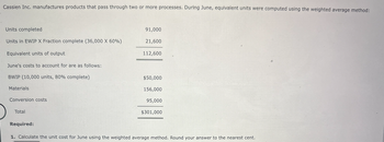 Cassien Inc. manufactures products that pass through two or more processes. During June, equivalent units were computed using the weighted average method:
Units completed
Units in EWIP X Fraction complete (36,000 X 60%)
Equivalent units of output
June's costs to account for are as follows:
BWIP (10,000 units, 80% complete)
Materials
Conversion costs
Total
Required:
91,000
21,600
112,600
$50,000
156,000
95,000
$301,000
1. Calculate the unit cost for June using the weighted average method. Round your answer to the nearest cent.