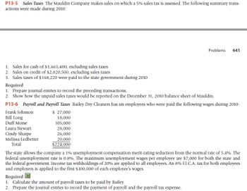 P13-5 Sales Taxes The Mauldin Company makes sales on which a 5% sales tax is assessed. The following summary trans-
actions were made during 2010:
1. Sales for cash of $1,665,400, excluding sales taxes
2. Sales on credit of $2,820,500, excluding sales taxes
3. Sales taxes of $168,220 were paid to the state government during 2010
Required
1. Prepare journal entries to record the preceding transactions.
2. Show how the unpaid sales taxes would be reported on the December 31, 2010 balance sheet of Mauldin.
Problems 641
P13-6 Payroll and Payroll Taxes Bailey Dry Cleaners has six employees who were paid the following wages during 2010:
Frank Johnson
$ 27,000
18,000
Bill Long
Duff Morse
105,000
28,000
Laura Stewart
Cindy Sharpe
Melissa Ledbetter
Total
26,000
20,000
$224,000
The state allows the company a 1% unemployment compensation merit-rating reduction from the normal rate of 5.4%. The
federal unemployment rate is 0.8%. The maximum unemployment wages per employee are $7,000 for both the state and
the federal government. Income tax withholdings of 20% are applied to all employees. An 8% E.I.C.A. tax for both employees
and employers is applied to the first $100,000 of each employee's wages.
Required
1. Calculate the amount of payroll taxes to be paid by Bailey.
2. Prepare the journal entries to record the payment of payroll and the payroll tax expense.