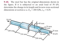 9-15. The steel bar has the original dimensions shown in
the figure. If it is subjected to an axial load of 50 kN.
determine the change in its length and its new cross-sectional
dimensions at section aa. E-200 GPa,-029.
50 AN
SOLN
-20 mm
mm
s50 mm
50 mm
50 kN
200 mm
