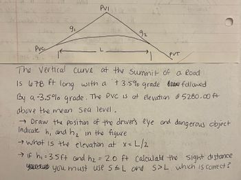 NEED IN
9₁
$60
Pvc
WIVI
PV1 +0=0X1
2 L 1
92
PVT
The Vertical curve at the Summit of a Road
with a + 3.5% grade
Is 678 ft long with a
followed
By a-3.5% grade. The PVC is at elevation
of 5280.00 ft
above the mean sea level.
wor NG
→ Draw the position of the driver's eye and dangerous object
Indicate h, and h₂ in the figure
2.0.
SN
2
→ what is the elevation at x = L/2
x=L/2>u
→ If h₁ = 3.5 ft and h₂ = 2.0 ft Calculate the sight distance
you you must use SEL and S>L which is correct?