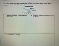 The number of home runs hit by both Babe Ruth and Hank Aaron in each season of their careers is
displayed in the box-and-whisker plots below.
Home Runs by Season
Babe Ruth
Hank Aaron
10
20
30
40
50
60
5. Interpret the measure of center in terms of
6. Interpret the measure of variability in terms of
the situation.
the situation.
7. Compare the two data sets.
