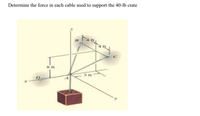 Determine the force in each cable used to support the 40-lb crate
B
8 ft
3 ft
