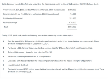 Splish Company reported the following amounts in the stockholders' equity section of its December 31, 2024, balance sheet.
Preferred stock, 10%, $100 par (10,000 shares authorized, 1,800 shares issued)
Common stock, $5 par (94,000 shares authorized, 18,800 shares issued)
Additional paid-in capital
Retained earnings
Total
1.
2.
♡
During 2025, Splish took part in the following transactions concerning stockholders' equity.
4.
5.
6.
$180,000
7.
94,000
131,000
478,000
$883,000
Paid the annual 2024 $10 per share dividend on preferred stock and a $2 per share dividend on common stock. These
dividends had been declared on December 31, 2024.
Purchased 1,500 shares of its own outstanding common stock for $43 per share. Splish uses the cost method.
Reissued 800 treasury shares for land valued at $36,200.
Issued 540 shares of preferred stock at $104 per share.
Declared a 10% stock dividend on the outstanding common stock when the stock is selling for $41 per share.
Issued the stock dividend.
Declared the annual 2025 $10 per share dividend on preferred stock and the $2 per share dividend on common stock. These
dividends are payable in 2026.