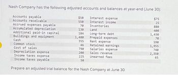 Nash Company has the following adjusted accounts and balances at year-end (June 30);
Interest expense
Interest income
Inventories
Accounts payable
Accounts receivable
Accrued expenses payable
Accumulated depreciation
Additional paid-in capital
Buildings and equipment
Cash
Common stock
Cost of sales
Depreciation expense
Income taxes expense
Income taxes payable
Prepare an adjusted trial balance for the Nash Company at June 30.
$50
550
70
130
184
1,480
355
46
790
200
225
50
Land
Long-term debt
Prepaid expenses
Rent expense
Retained earnings
Salaries expense
Sales revenue
Unearned fees
$75
25
880
400
1,430
70
590
1,955
740
2,350
65