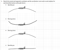 1. Sketch the normal and tangential coordinates and the acceleration vector and on each airplane for
each described motion on the path shown
• Speeding up
Slowing down
• Slowing down
Speeding up
