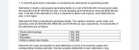 1. A nonprofit government corporation is considering two alternatives for generating power:
Alternative A. Build a coal-powered generating facility at a cost of $20,000,000. Annual power sales
are expected to be $1,000,000 per year. Annual operating and maintenance costs are $200,000 per
year. A benefit of this alternative is that it is expected to attract new industry, worth $500,000 per
year, to the region.
Alternative B. Build a hydroelectric generating facility. The capital investment, power sales, and
operating costs are $30,000,000, $800,000, and $100,000 per year, respectively. Annual benefits of
this alternative are as follows:
Flood-control savings
Irrigation
Recreation
Ability to attract new industry
600, 000
200, 000
100, 000
400, 000
Determine the costs and benefits for each alternative in terms of its economic aspect and
corresponding monetary estimate. Cite also possible disbenefits for each alternative, if any.
