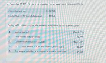 At December 31, 2021, Skysong, Inc. reported this information on its balance sheet.
Accounts receivable
Less: Allowance for doubtful accounts
During 2022, the company had the following transactions related to receivables.
1.
2.
3.
4.
5.
$630,000
41,000
Sales on account
Sales returns and allowances
Collections of accounts receivable
Write-offs of accounts receivable deemed uncollectible
Recovery of bad debts previously written off as uncollectible
$2,669.000
54,000
2,056,000
41,000
17,000