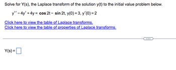 **Solve for Y(s), the Laplace transform of the solution y(t) to the initial value problem below.**

\[ y'' - 4y' + 4y = \cos 2t - \sin 2t, \quad y(0) = 3, \quad y'(0) = 2 \]

**[Click here to view the table of Laplace transforms.](#)**

**[Click here to view the table of properties of Laplace transforms.](#)**

---

Y(s) = \[ \boxed{ } \]