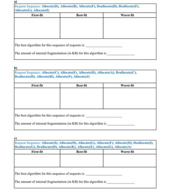 a)
Request Sequence: Allocate(D), Allocate(B), Allocate(F), Deallocate(D), Deallocate(F),
Allocate(G), Allocate(I)
First-fit
The best algorithm for this sequence of requests is:
The amount of internal fragmentation (in KB) for this algorithm is
Best-fit
First-fit
b)
Request Sequence: Allocate(C), Allocate(E), Allocate(D), Allocate(A), Deallocate(C),
Deallocate(D), Allocate(H), Allocate(F), Allocate(J)
Best-fit
The best algorithm for this sequence of requests is:
The amount of internal fragmentation (in KB) for this algorithm is
First-fit
Worst-fit
c)
Request Sequence: Allocate(I), Allocate(H), Allocate(G), Allocate(F), Allocate(D), Deallocate(I),
Deallocate(G), Deallocate(D), Allocate(K), Allocate(E), Allocate(G), Allocate(A)
Best-fit
Worst-fit
The best algorithm for this sequence of requests is:
The amount of internal fragmentation (in KB) for this algorithm is
Worst-fit