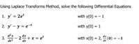 Using Laplace Transforms Method, solve the following Differential Equations
1. y' = 2e
with y(0)
1
= -
2. y' - y = e-t
with y(0) = 1
d²x
dx
- 2
dt
+ x = e'
with x(0) = 2, (0) = -1
3.
dt2
dt
