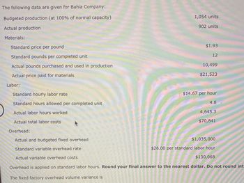 The following data are given for Bahia Company:
Budgeted production (at 100% of normal capacity)
Actual production
Materials:
Standard price per pound
Standard pounds per completed unit
Actual pounds purchased and used in production
Actual price paid for materials
Labor:
Standard hourly labor rate
Standard hours allowed per completed unit
Actual labor hours worked
Actual total labor costs
Overhead:
Actual and budgeted fixed overhead
Standard variable overhead rate
Actual variable overhead costs
1,054 units
902 units
$1.93
12
10,499
$21,523
$14.67 per hour
4.8
4,645.3
$70,841
$1,035,000
$26.00 per standard labor hour
$130,068
Overhead is applied on standard labor hours. Round your final answer to the nearest dollar. Do not round int
The fixed factory overhead volume variance is