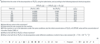 (a) Determine the order of the decomposition of N2O5 using the table below, and according to the following balanced chemical equation:
2N2O5 (g) → 2N2O4 (g) + O2 (g)
1
Time (s)
[N2O5] (M)
In [N2O5]
[N2O5]
0.1000
-2.303
10.0
50
0.0707
-2.65
14.1
100
0.0500
-3.00
20.0
200
0.0250
-3.69
40.0
300
0.0125
-4.38
80.0
400
0.00625
-5.08
160.
(b) How did you come to this conclusion?
(c) Determine the rate constant for the reaction.
(d) If this reaction is run in the laboratory under the same conditions, but the initial concentration of N2O5 is 0.375M, what will the concentration of
it be after 3 min (180) s?
(e) What is the half-life of N2O5 in these reactions?
(f) What is the half-life of N2O5 in its decomposition under different conditions, in which it has a rate constant (k = 7.8 × 10-³s)?
B I U A
A
Ix
x X, E E
12pt
Paragraph
P fr
