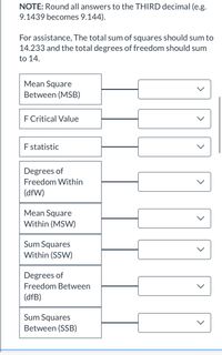 NOTE: Round all answers to the THIRD decimal (e.g.
9.1439 becomes 9.144).
For assistance, The total sum of squares should sum to
14.233 and the total degrees of freedom should sum
to 14.
Mean Square
Between (MSB)
F Critical Value
F statistic
Degrees of
Freedom Within
(dfW)
Mean Square
Within (MSW)
Sum Squares
Within (SSW)
Degrees of
Freedom Between
(dfB)
Sum Squares
Between (SSB)
>
>
>
>
>
>
>
