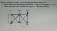 Determine (approximately) the force in each member of the truss.
a. Assume the diagonals can support either a tensile or a compressive force.
b. Assume that the diagonals cannot support a compressive force.
50 kN
40 kN
20 kN
F
3 m
IB
3 m
3 m
