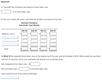 Required:
1. Calculate the overhead rate based on direct labor cost.
% of direct labor cost
2. Set up a simple job-order cost sheet for all jobs in process during June.
Naranjo Company
Job-Order Cost Sheets
Job 39
Job 40
Job 41
Job 42
Balance, June 1
Total
3. What if the expected direct labor rate at the beginning of the year was $24 instead of $30? What would the overhead
rate be? If required, round your overhead rate answer to one decimal place.
New budgeted direct labor cost = $
New overhead rate =
% of direct labor cost
How would the cost of the jobs be affected?
