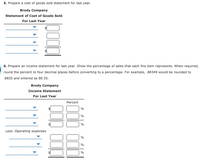 5. Prepare a cost of goods sold statement for last year.
Brody Company
Statement of Cost of Goods Sold
For Last Year
6. Prepare an income statement for last year. Show the percentage of sales that each line item represents. When required,
round the percent to four decimal places before converting to a percentage. For example, .88349 would be rounded to
.8835 and entered as 88.35.
Brody Company
Income Statement
For Last Year
Percent
%
%
%
Less: Operating expenses
%
%
