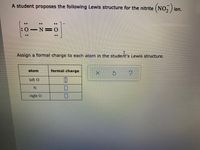 A student proposes the following Lewis structure for the nitrite (NO, ) ion.
..
:0
-N=0
Assign a formal charge to each atom in the student's Lewis structure.
atom
formal charge
left O
right O
